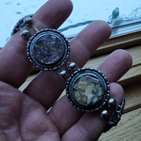 Vintage Mixed Stone Chips Stretch Silver Tone Bracelet - Picture 7 of 16